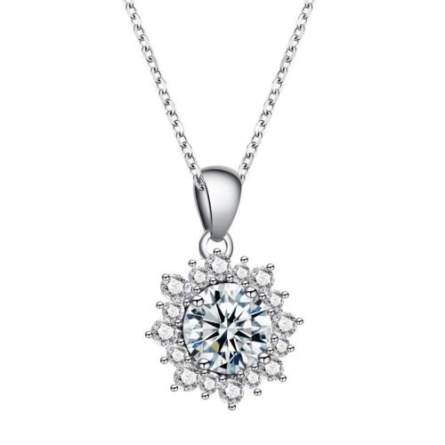 Plata de ley 925 collar, con Moissanite, con 2inch extender cadena, Flor, chapado en platina real, cadena oval & diferentes estilos para la opción & micro arcilla de zirconia cúbica & para mujer, longitud:aproximado 15.7 Inch, Vendido por UD