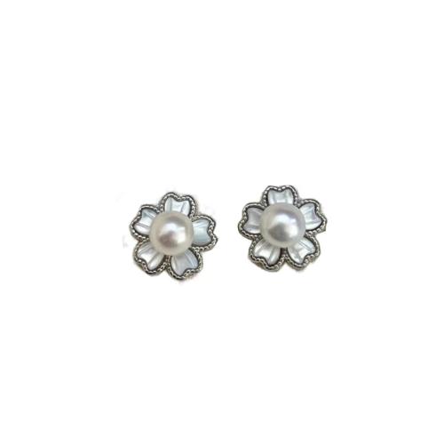 Brass Stud Earring, with Plastic Pearl, Flower, plated, fashion jewelry & for woman, more colors for choice, 15mm, Sold By Pair