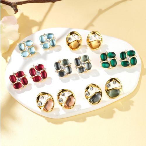 Brass Stud Earring, with Glass, gold color plated, fashion jewelry & micro pave cubic zirconia, more colors for choice, Sold By Pair