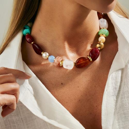 Resin Necklace, Tibetan Style, with Resin & Copper Coated Plastic & Plastic Pearl, gold color plated, fashion jewelry, more colors for choice, Sold By PC