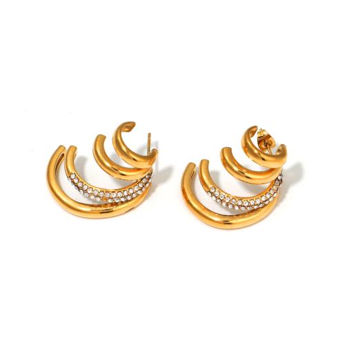 Stainless Steel Stud Earrings, 304 Stainless Steel, 18K gold plated, micro pave cubic zirconia & for woman & hollow, Sold By Pair