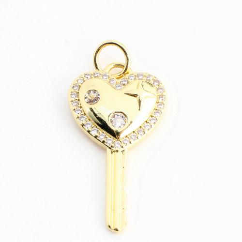 Cubic Zirconia Micro Pave Brass Pendant, Key, DIY & micro pave cubic zirconia, golden, 23x12x3mm, Sold By PC