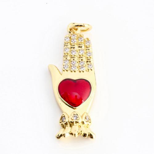 Cubic Zirconia Micro Pave Brass Pendant, Hand, DIY & micro pave cubic zirconia & enamel, golden, 27x10x3mm, Sold By PC