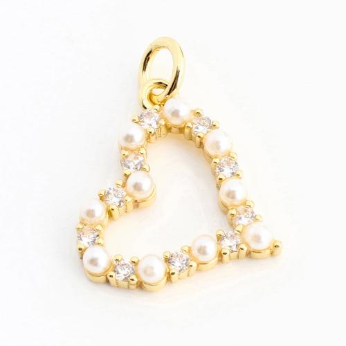 Cubic Zirconia Micro Pave Brass Pendant, with Plastic Pearl, Heart, DIY & micro pave cubic zirconia & hollow, golden, 18x15x3mm, Sold By PC