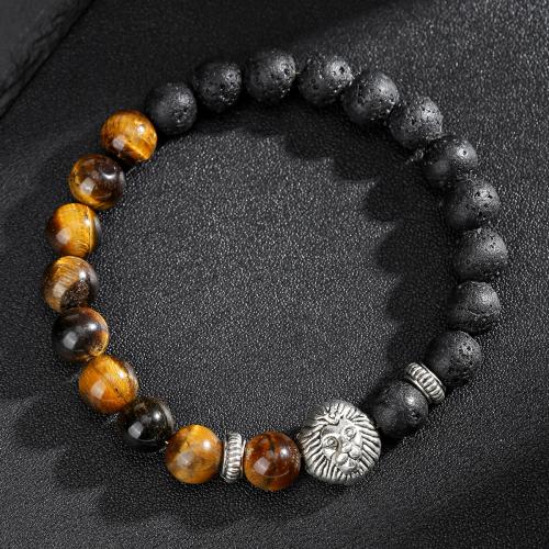 Gemstone Bracelets, Tiger Eye, with Elastic Thread & Lava & Tibetan Style, handmade, fashion jewelry & Unisex, Sold By PC