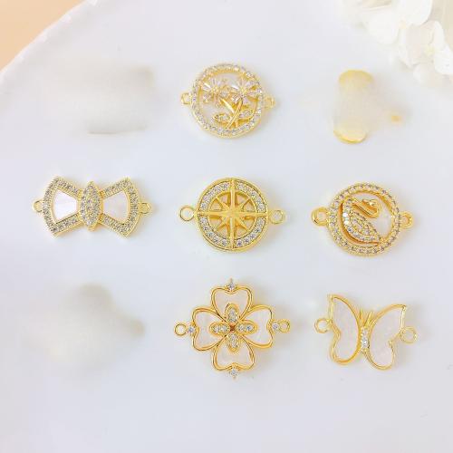 Cubic Zirconia Micro Pave Brass Connector, with White Shell, plated, DIY & micro pave cubic zirconia, more colors for choice, nickel, lead & cadmium free, 17x15x2mm, Sold By PC