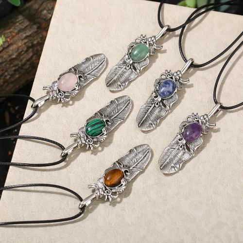 Natural Gemstone Necklace, with leather cord & 304 Stainless Steel, fashion jewelry & different materials for choice & Unisex, Sold By PC
