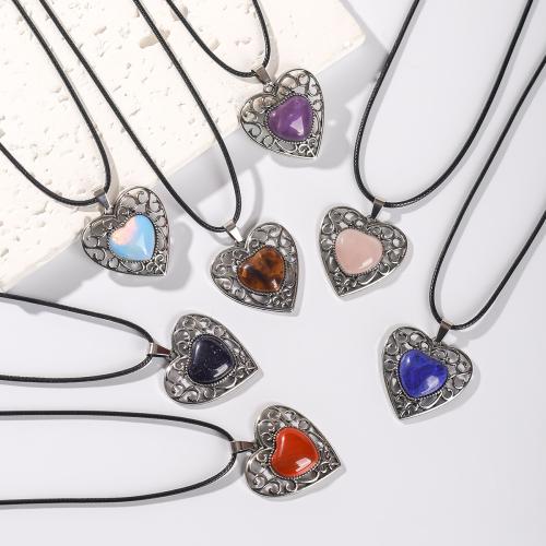 Natural Gemstone Necklace, with leather cord & Tibetan Style, different materials for choice & Unisex & hollow, Sold By PC