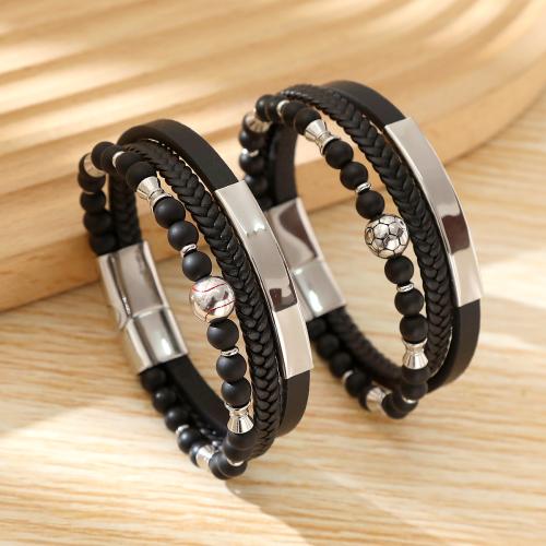 PU Schnur Armbänder, 304 Edelstahl, mit Naturstein & Mikrofaser PU, handgemacht, drei Schichten & Modeschmuck & für den Menschen & Emaille, schwarz, Länge:21 cm, verkauft von PC