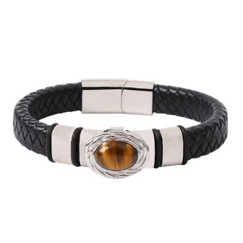 Natural Tiger Eye Bracelets, 304 Stainless Steel, with Cowhide & Tiger Eye & 316 Stainless Steel, handmade, fashion jewelry & for man, more colors for choice, Length:21 cm, Sold By PC
