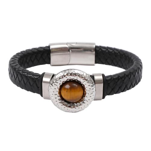 Natural Tiger Eye Bracelets, 304 Stainless Steel, with Cowhide & Tiger Eye & 316 Stainless Steel, handmade, fashion jewelry & for man, more colors for choice, Length:21 cm, Sold By PC