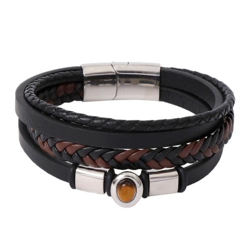 Natural Tiger Eye Bracelets, Microfiber PU, with Tiger Eye & 316 Stainless Steel & 304 Stainless Steel, handmade, fashion jewelry & multilayer & for man, more colors for choice, Length:Approx 21 cm, Sold By PC