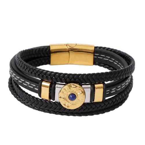 Natural Lapis Lazuli Bracelets, Microfiber PU, with Lapis Lazuli & 316 Stainless Steel & 304 Stainless Steel, handmade, fashion jewelry & multilayer & for man, more colors for choice, Length:21 cm, Sold By PC