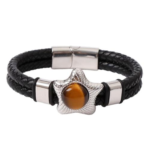 Natural Tiger Eye Bracelets, 304 Stainless Steel, with Cowhide & Tiger Eye & 316L Stainless Steel, handmade, fashion jewelry & for man, more colors for choice, Length:21 cm, Sold By PC