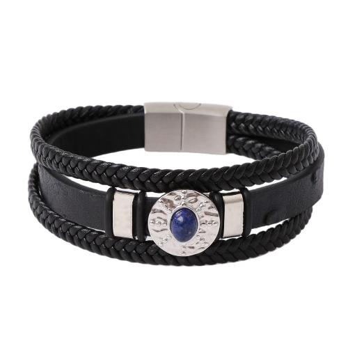 Natural Lapis Lazuli Bracelets, Microfiber PU, with Lapis Lazuli & 316 Stainless Steel & 304 Stainless Steel, handmade, three layers & fashion jewelry & for man, more colors for choice, Length:21 cm, Sold By PC