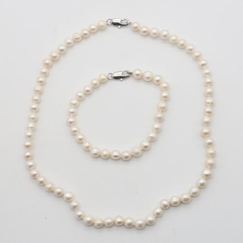 Natural Cultured Freshwater Pearl Jewelry Sets, bracelet & necklace, with 304 Stainless Steel, Round, fashion jewelry, white, 7-8mm, Sold By Set