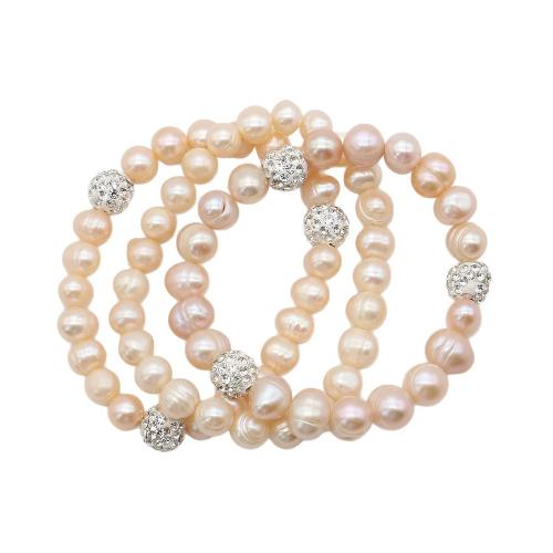 Freshwater Cultured Pearl Bracelet, Freshwater Pearl, with 304 Stainless Steel, irregular, fashion jewelry & with rhinestone, more colors for choice, 8-9mm, Length:18 cm, Sold By PC