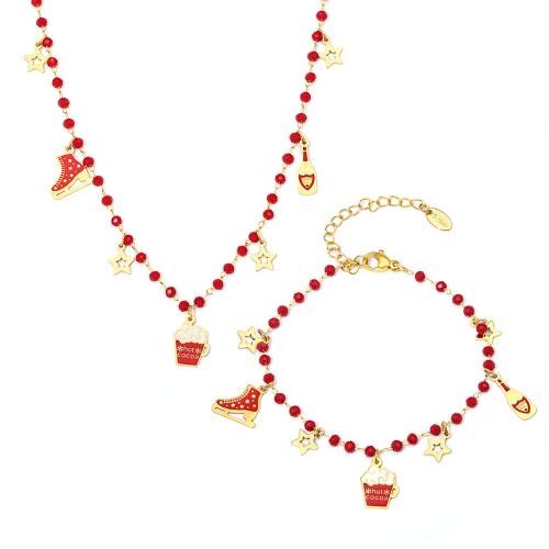 Enamel Stainless Steel Jewelry Set, 304 Stainless Steel, with Garnet, plated, different styles for choice & for woman, golden, Sold By PC