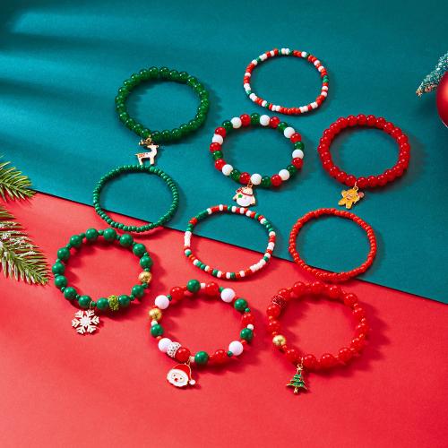 Pulsera de Navidad, aleación de zinc, con Cuentas de vidrio & Seedbead, chapado en color dorado, Diseño de Navidad & esmalte, más colores para la opción, 10PCs/Set, Vendido por Set