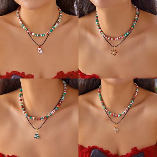 Collares de Navidad, Arcilla polimero, con Perlas plásticas, chapado en color dorado, Diseño de Navidad & esmalte & con diamantes de imitación, más colores para la opción, Vendido por UD
