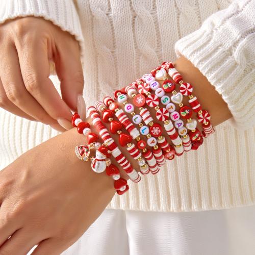 Pulsera de Navidad, Arcilla polimero, con resina & aleación de zinc, chapado en color dorado, Diseño de Navidad & esmalte & con diamantes de imitación, más colores para la opción, Vendido por UD