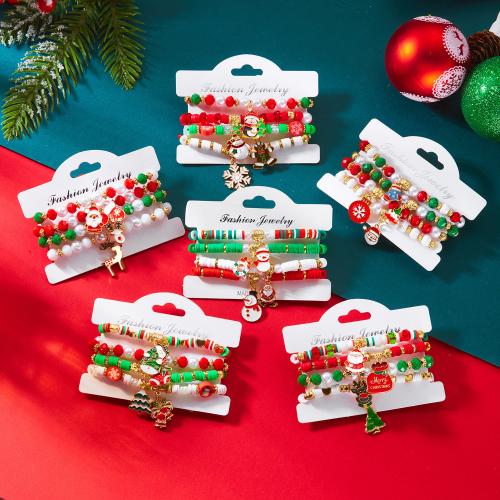 Pulsera de Navidad, aleación de zinc, con Seedbead & Perlas plásticas, chapado en color dorado, Diseño de Navidad & esmalte, más colores para la opción, 4PCs/Set, Vendido por Set