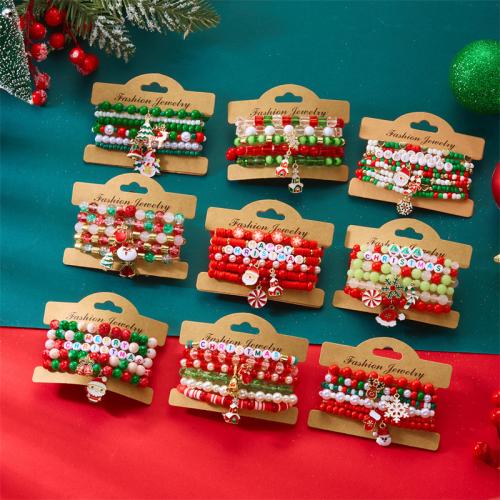 Pulsera de Navidad, aleación de zinc, con Cristal & resina & Perlas plásticas, chapado en color dorado, Diseño de Navidad & esmalte & con diamantes de imitación, más colores para la opción, Vendido por Set