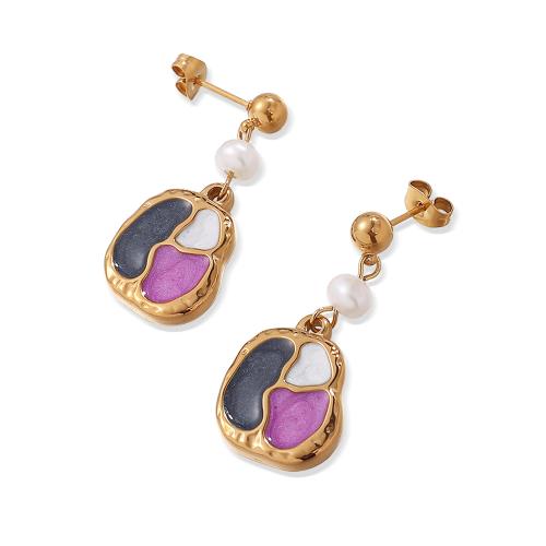 Freshwater Pearl Earrings, 304 Stainless Steel, with Freshwater Pearl, plated, fashion jewelry & for woman & enamel, golden, Sold By Pair