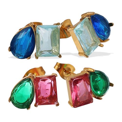 Stainless Steel Stud Earrings, 304 Stainless Steel, with Cubic Zirconia, 18K gold plated, fashion jewelry & for woman, more colors for choice, Sold By Pair