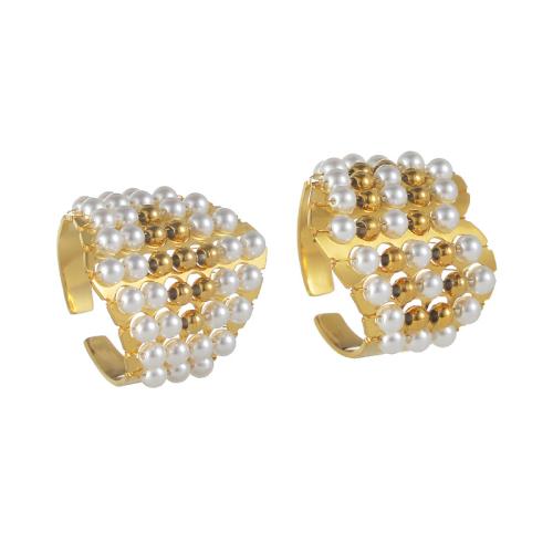 Stainless Steel Finger Ring, 304 Stainless Steel, with Plastic Pearl, plated, fashion jewelry & different styles for choice & for woman, golden, Sold By PC