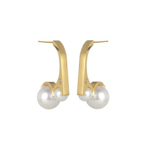 Stainless Steel Stud Earrings, 304 Stainless Steel, with Plastic Pearl, plated, fashion jewelry & for woman & with rhinestone, golden, Sold By Pair