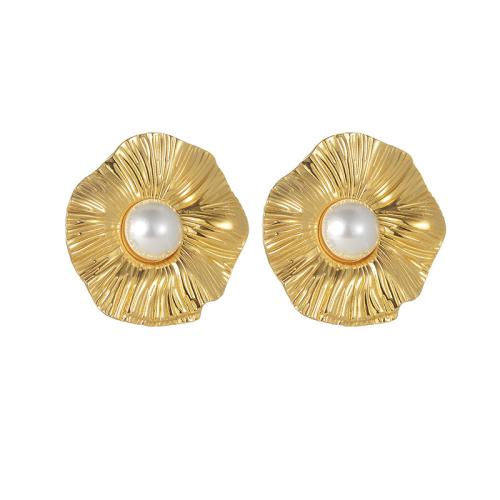 Stainless Steel Stud Earrings, 304 Stainless Steel, with Plastic Pearl, Flower, 18K gold plated, fashion jewelry & for woman, Sold By Pair