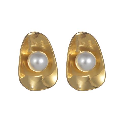 Stainless Steel Stud Earrings, 304 Stainless Steel, with Plastic Pearl, plated, fashion jewelry & for woman, golden, Sold By Pair