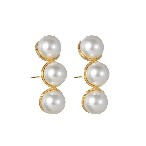 Stainless Steel Stud Earrings, 304 Stainless Steel, with Plastic Pearl, plated, fashion jewelry & for woman, golden, Sold By Pair