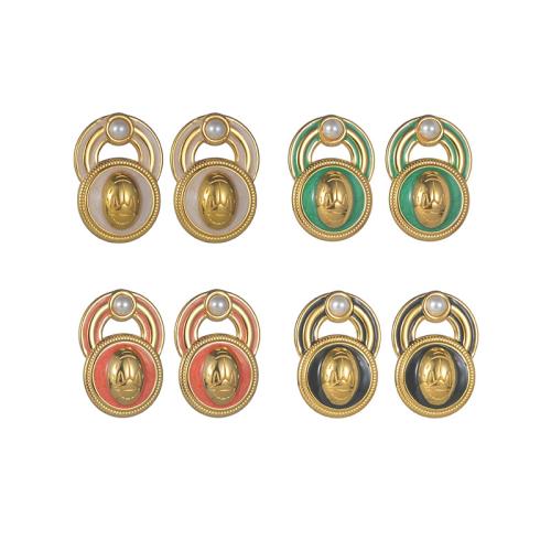 Stainless Steel Stud Earrings, 304 Stainless Steel, with Plastic Pearl, gold color plated, for woman & enamel & hollow, more colors for choice, Sold By Pair