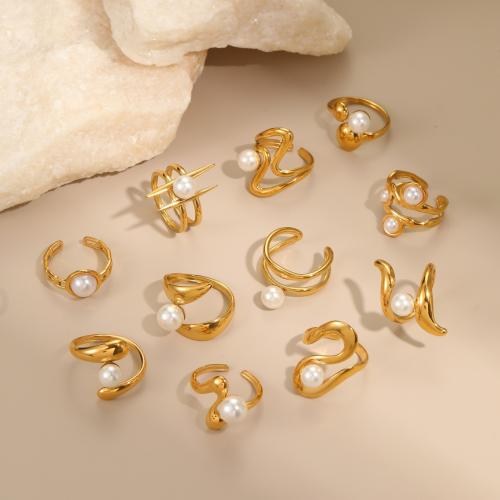 Stainless Steel Finger Ring, 304 Stainless Steel, with Plastic Pearl, plated, different styles for choice & for woman & hollow, golden, Sold By PC