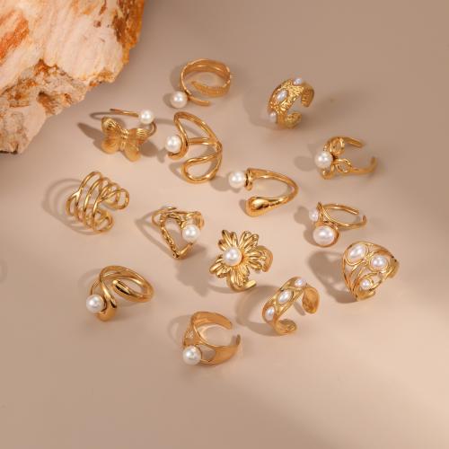 Stainless Steel Finger Ring, 304 Stainless Steel, with Plastic Pearl, 18K gold plated, different styles for choice & for woman & hollow, Sold By PC