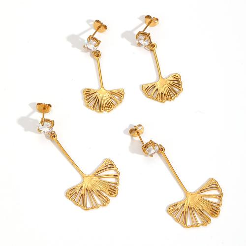 Stainless Steel Drop Earring, 304 Stainless Steel, Ginkgo Leaf, plated, fashion jewelry & micro pave cubic zirconia & hollow, more colors for choice, Sold By Pair