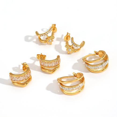 Stainless Steel Stud Earrings, 304 Stainless Steel, gold color plated, fashion jewelry & micro pave cubic zirconia & with rhinestone, golden, Sold By Pair