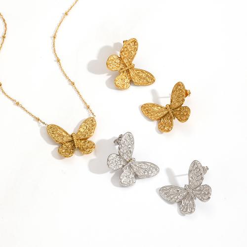 Conjuntos de joyería de acero inoxidable, Pendiente de stud & collar, acero inoxidable 304, Mariposa, chapado, más colores para la opción, Vendido por Par