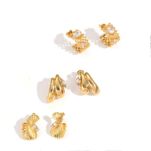 Stainless Steel Stud Earrings, 304 Stainless Steel, Heart, plated, fashion jewelry & micro pave cubic zirconia, golden, Sold By Pair