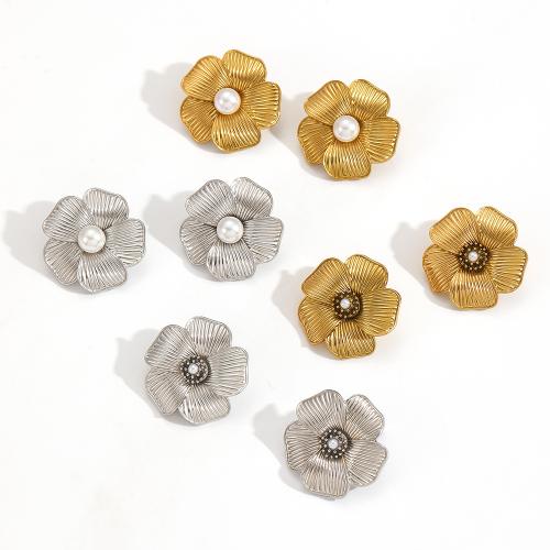 Stainless Steel Stud Earrings, 304 Stainless Steel, with Plastic Pearl, Flower, plated, fashion jewelry, more colors for choice, Sold By Pair