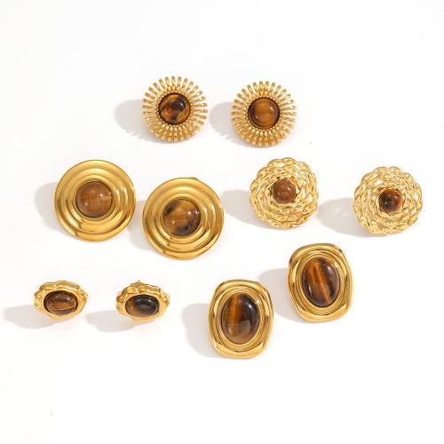 Natural Gemstone Earrings, 304 Stainless Steel, with Tiger Eye, plated, fashion jewelry, more colors for choice, Sold By Pair