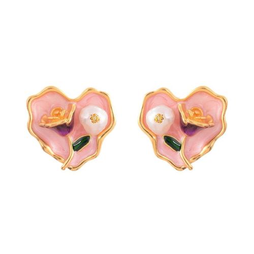 Brass Stud Earring, 304 Stainless Steel, with Plastic Pearl, plated, different styles for choice & for woman & enamel, golden, Sold By Pair