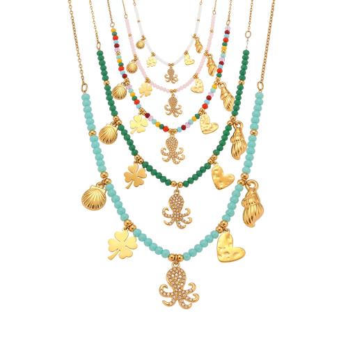 Stainless Steel Jewelry Necklace, 304 Stainless Steel, with Natural Stone, plated, fashion jewelry & micro pave cubic zirconia & for woman, more colors for choice, Sold By PC