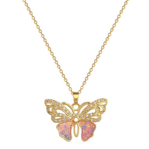 Cubic Zircon Micro Pave Brass Necklace, Titanium Steel, with Resin & Brass, Butterfly, micro pave cubic zirconia & for woman & hollow, golden, Sold By PC