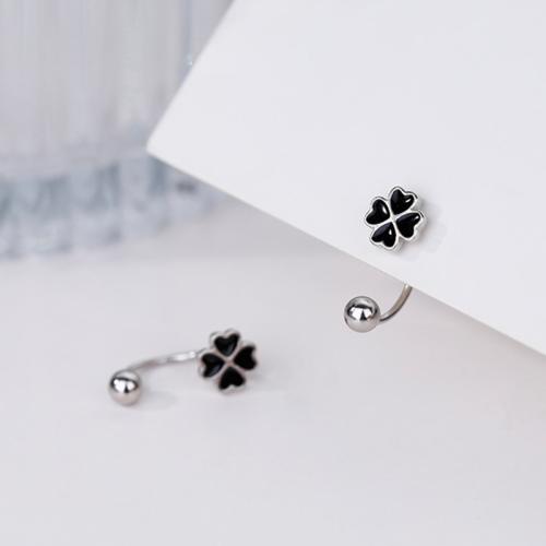 925 Sterling Silver Stud Earring, Four Leaf Clover, for woman & enamel, 8x15mm, Sold By Pair