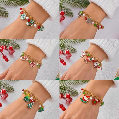 Christmas Holiday Bracelet, Tibetan Style, with Plastic Pearl, gold color plated, Christmas Design & enamel & with rhinestone, more colors for choice, Sold By PC