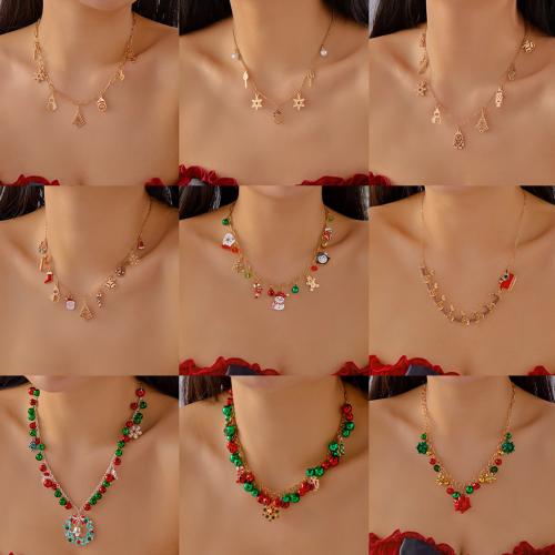 Christmas Necklaces, Tibetan Style, with iron chain & Plastic Pearl, gold color plated, Christmas Design & enamel & with rhinestone, more colors for choice, Sold By PC