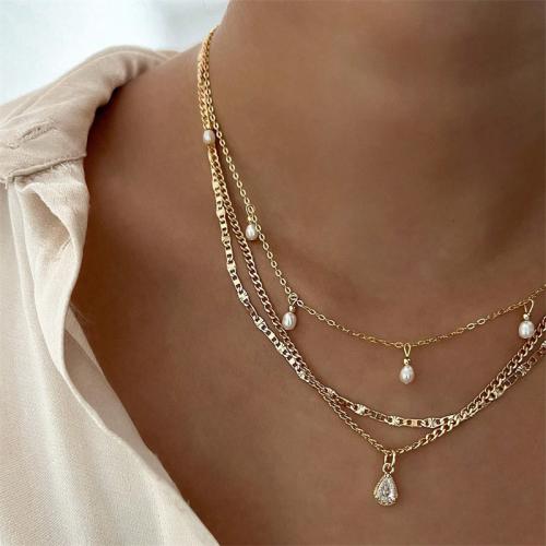 Tibetan Style Necklace, with Plastic Pearl, gold color plated, fashion jewelry & multilayer, more colors for choice, Sold By PC